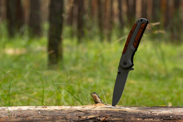 Knife with black handle on log in the forest.