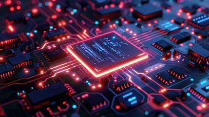 Obraz premium AI Chipset Glowing Brightly on Circuit Board. Generative AI