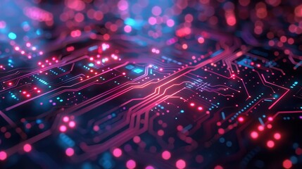 Glowing Circuit Board With Pink and Blue Lights in a Futuristic AI Setting. Generative AI