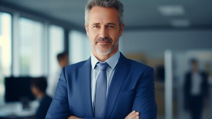 Fototapeta premium Happy middle aged business man ceo standing in office arms crossed. Smiling mature confident professional executive manager, proud lawyer, businessman leader wearing blue suit