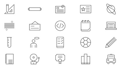 Back to school line icons set. Education, learning, school, online school, outline education, graduation, study, lesson, book, telescope, backpack and bus outline icon collection. 