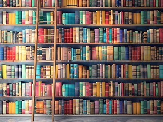 Modern minimalist library wall with colorful books, wooden ladder, and a detailed background.
