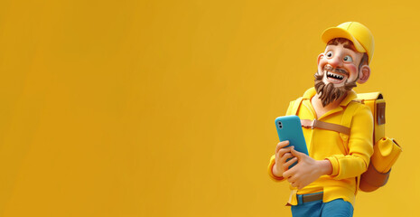 Fototapeta premium 3D illustration of a smiling courier in a yellow uniform holding a phone, with a backpack, against a yellow background. With copy space for text.
