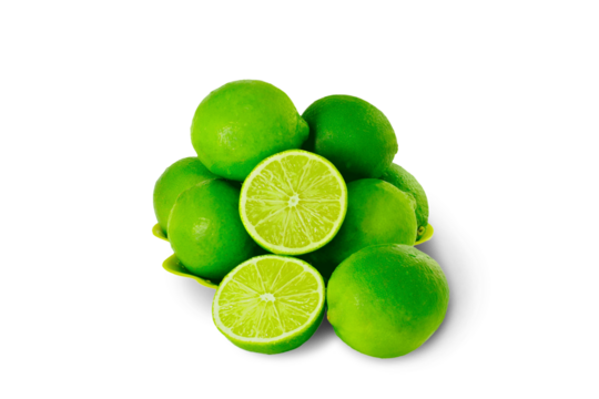 heap of fresh green lemon lime citrus fruit isolate,cutout in transparent background,png format