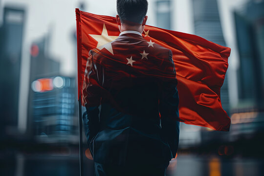 A Confident Businessman Stands Amongst Chinese Flags in a Vibrant Cityscape - Powered by Adobe