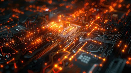 Obraz premium A Futuristic Circuit Board Glowing With Orange Light. Generative AI