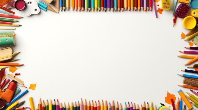 White background with border of colored pencils, crayons, and school supplies AI generated