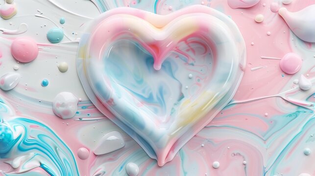 A heart-shaped symbol crafted from colored wax, melted into a fluid marble pattern with pastel pinks, blues, and whites on a white background.