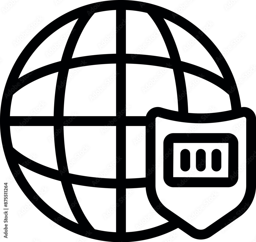 Poster simple icon of a globe being protected by a shield with a password, representing global security