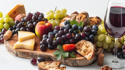 A wooden board with a variety of fruits and bread, including grapes, apples. Generate AI image