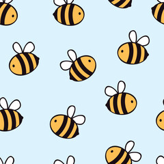 Cute seamless bee pattern. Cartoon vector illustration on blue background. It can be used for wallpapers, wrapping, cards, patterns for clothes and other.