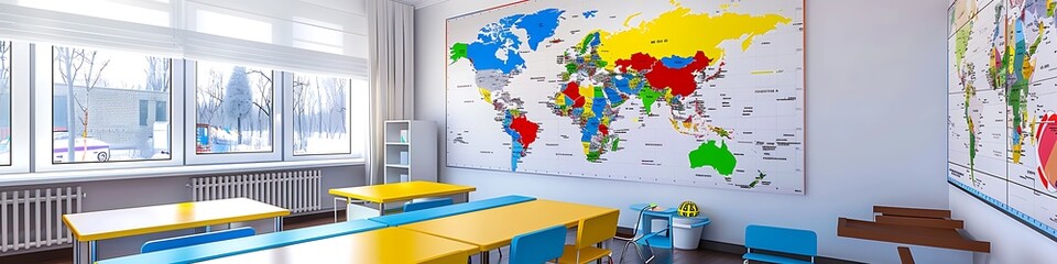 Modern school classroom, colorful world map on wall, clean and bright, realistic photo, ideal for kids' learning.