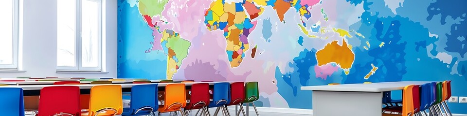 Modern school classroom, colorful world map on wall, clean and bright, realistic photo, ideal for kids.