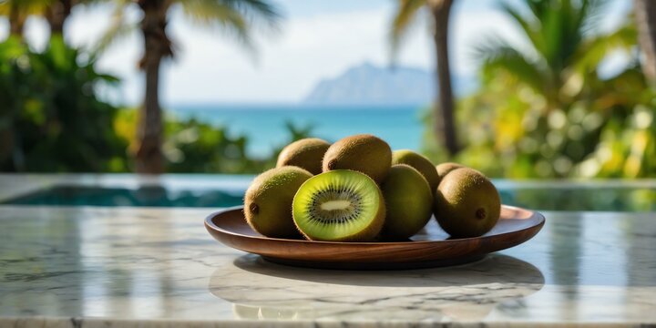 marble table with a wooden plate filled with fresh kiw background