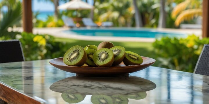 marble table with a wooden plate filled with fresh kiw background