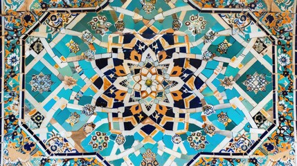 Obraz premium Traditional Persian mosaic wall with geometric ornament in square frame featuring ceramic tiles in blue cyan brown and white colors Mock up template for text