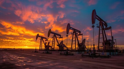 Obraz premium Silhouetted oil pumps stand against a dramatic sunset sky. The image depicts the energy industry and its impact on the environment.