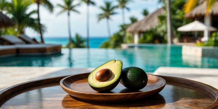 marble table with a wooden plate filled with fresh avo background