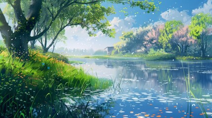 Obraz premium A vibrant digital painting of a lush valley with pink blossoming trees, green meadows, and towering snow-capped mountains under a clear blue sky