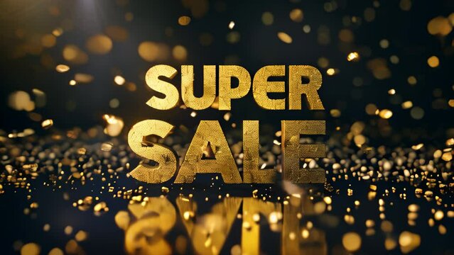 Animated luxury gold super sale text on festive golden background with bokeh , retail promotions, discount events and social media marketing Big sale offer