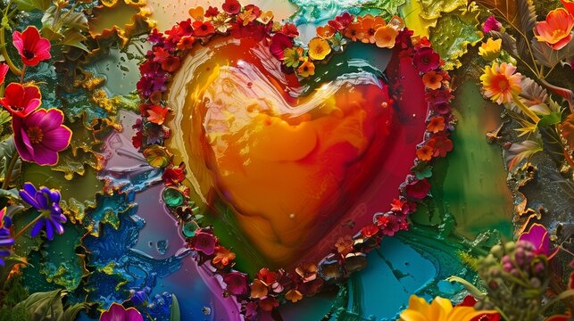 A heart-shaped symbol made from colored wax, melted into an enchanting garden with a variety of floral patterns and bright, cheerful colors.