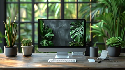 A contemporary home office setup featuring a sleek computer monitor with tropical leaf wallpaper. The desk is adorned with an assortment of potted plants, including large and small foliage