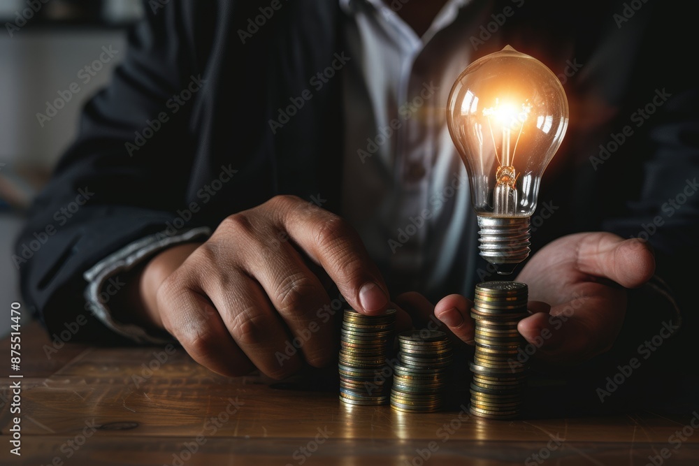 Poster business man holds a light bulb while using a calculator to calculate. accounting and finance in the