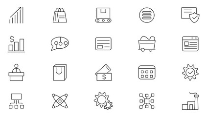 Supply chain line icon set. Logistic supply chain, value chain, delivery, manufacturing, e-commerce, distribution, warehouse, transportation, management, shipping icon collection.