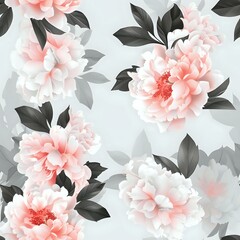 Peony Flower and Green Leaf Repeat Design in Different Colors