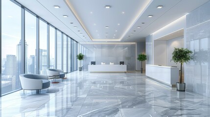 Modern Lobby Interior: A modern, sleek office building with led lighting, marble floors, sustainable materials, and clean lines. Open space, sleek and sophisticated style.