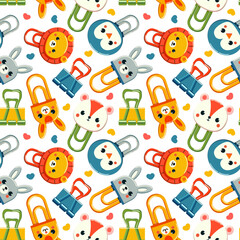 Seamless pattern with school paperclips in the shape of animals, tiger, hare, bear, penguin