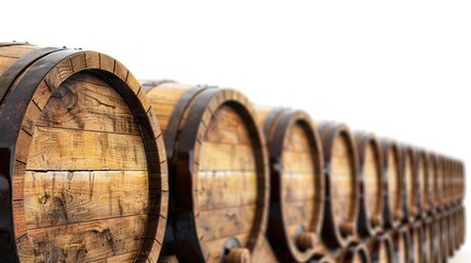 A row of wooden barrels with a rustic, old-fashioned look. Generate AI image