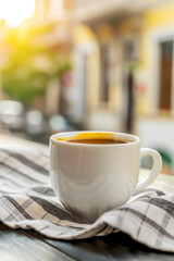 Cup of cocoa on a tablecloth on a counter in an old cafe, view of an empty street, early morning in the old town