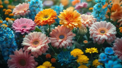 An intricate, vivid, and colorful still life of a mixed flower bouquet