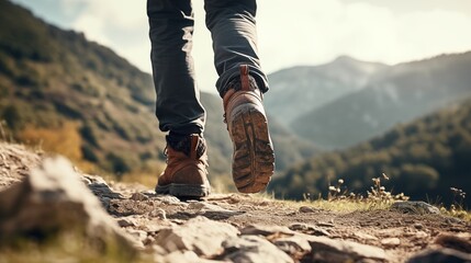 Man hiking up a mountain trail with a close-up of his leather hiking boots. The hiker shown in motion, with one foot lifted off the ground and the other planted on the mountain trail.