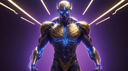 Golden Muscular Male AI Robot with Blue glowing neon light. AI generativ.