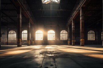 An empty old warehouse with evening sun rays streaming through the windows