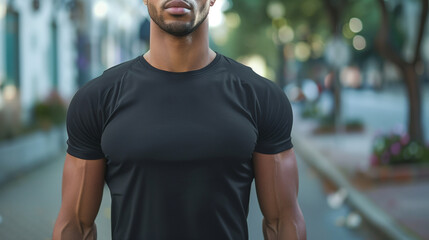 Young Fit Male Model Wearing Black T-Shirt Outdoors, Casual Shirt Mockup Template for Design Print, Young Man in Hipster Style T-Shirt for Mockup Placement