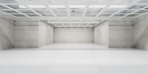 Empty white room with concrete walls and grid ceiling 3d render illustration