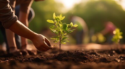Person planting trees or working in community garden promoting local food production and habitat restoration, concept of Sustainability and Community Engagement