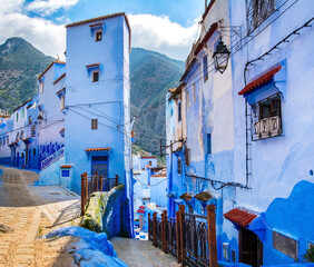 Amazing view of the street in the blue city of Chefchaouen. Location: Chefchaouen, Morocco, Africa....