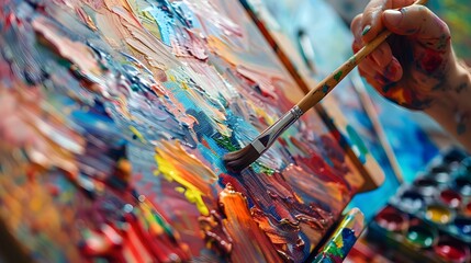 People expressing themselves doing art during an art therapy workshop, with paints, brushes, canvases. Therapeutic benefits of creativity and self-expression in mental health and emotional well-being