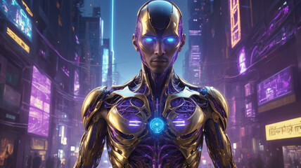 Golden Muscular Male AI Cyborg with Blue glowing neon light and Cyberpunk city background. AI generativ.