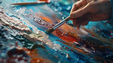 Obraz premium People expressing themselves doing art during an art therapy workshop, with paints, brushes, canvases. Therapeutic benefits of creativity and self-expression in mental health and emotional well-being