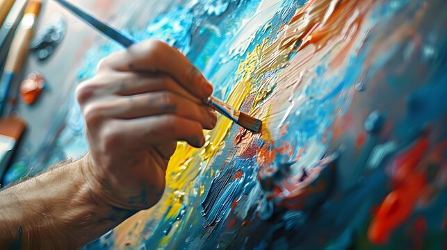 People expressing themselves doing art during an art therapy workshop, with paints, brushes, canvases. Therapeutic benefits of creativity and self-expression in mental health and emotional well-being