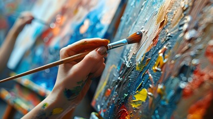 Fototapeta na wymiar People expressing themselves doing art during an art therapy workshop, with paints, brushes, canvases. Therapeutic benefits of creativity and self-expression in mental health and emotional well-being