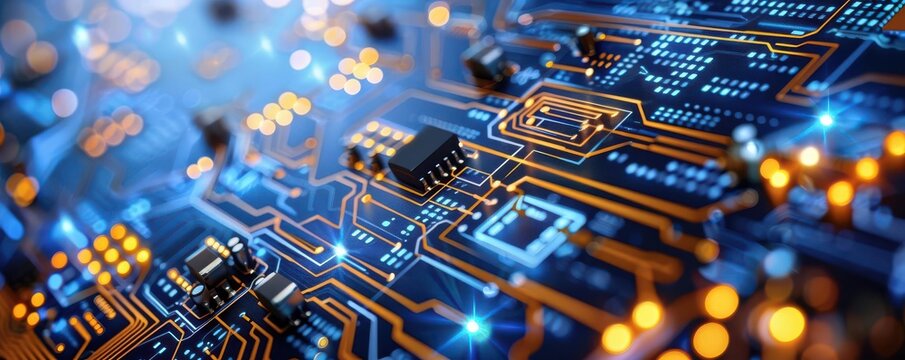 Close-up of a circuit board with intricate pathways and components.