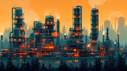 Fototapeta premium a large industrial factory complex illuminated by internal lights against a twilight sky. The image showcases intricate details of the facility's infrastructure including chimneys, storage tanks