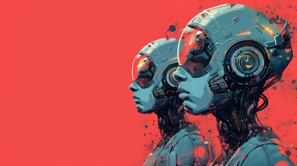 Fototapeta premium Two Futuristic AI Robots Standing Together Against a Red Background. Generative AI