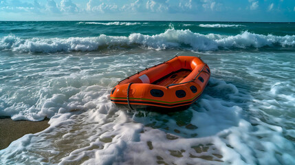 A maritime rubber rescue boat stranded on the beach.